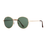 Round sunglasses with gold frame and green lenses on a white background
