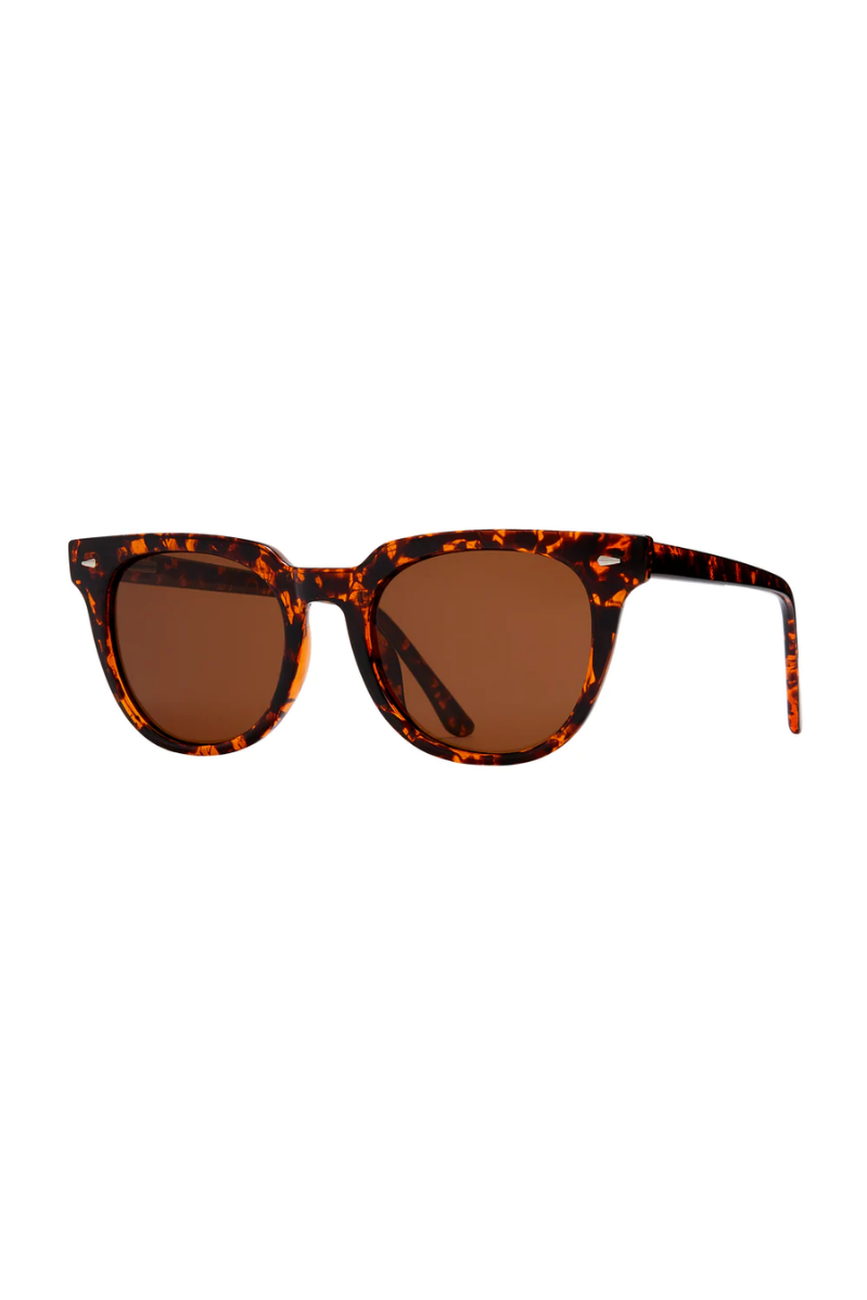 Sunglasses with tortoiseshell frame and brown lenses on a white background