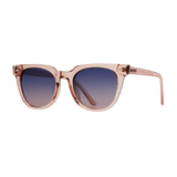 Sunglasses with a rose gold frame and blue gradient lenses on a white background