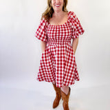 Bubble Sleeve Gingham Pattern Mini Dress