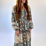 Long Sleeve Floral Motif Maxi Dress