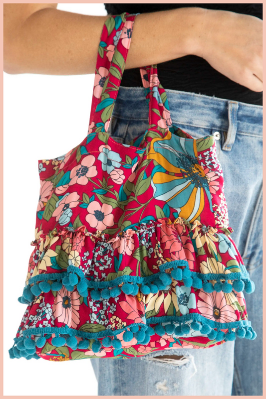 MINI RUFFLE TOTE | BLUE/RED FLORAL