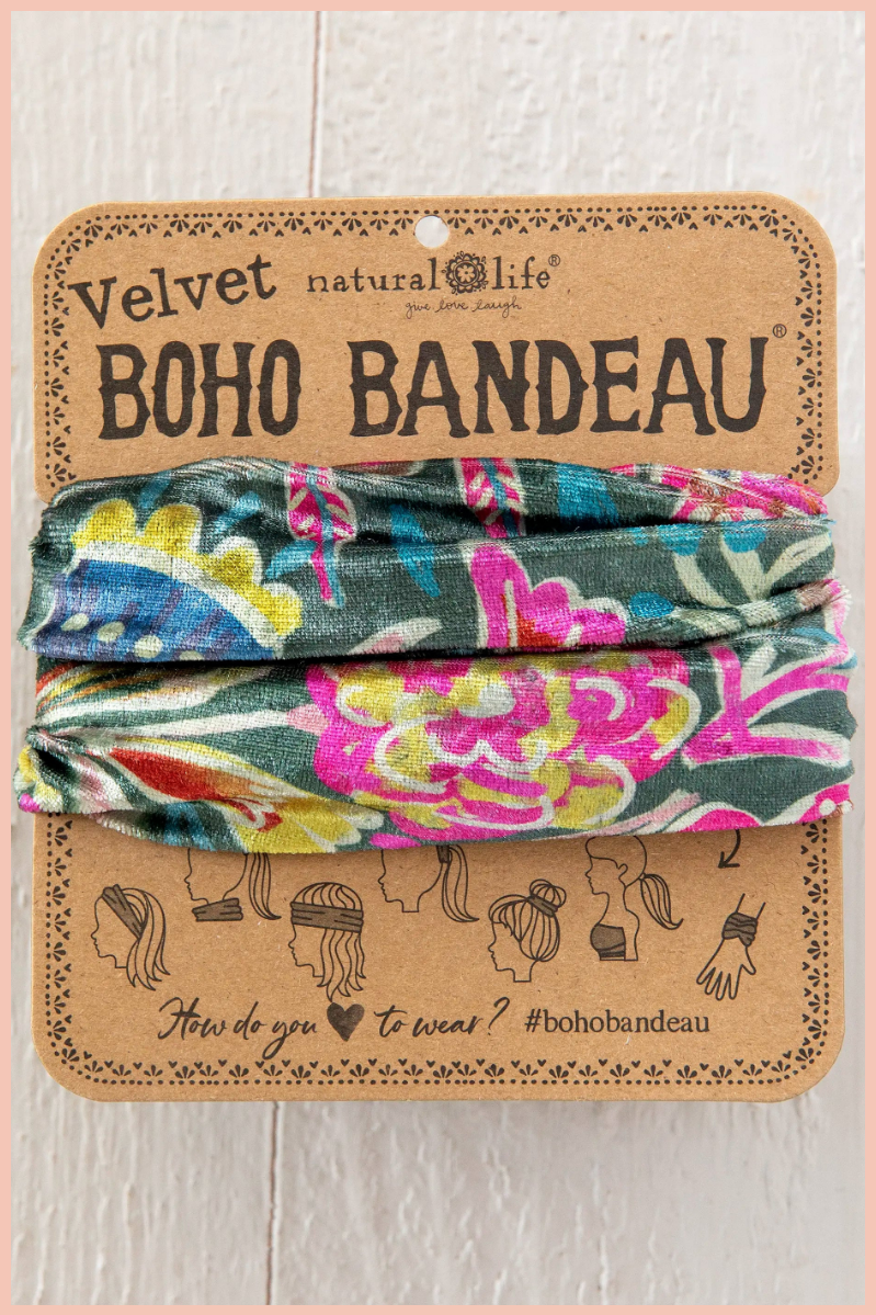 Velvet Boho Bandeau Headband | Natural Life | Green Lined Floral