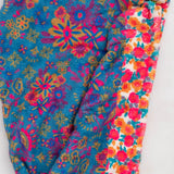 Colorful floral-patterned fabric with a button on a white background