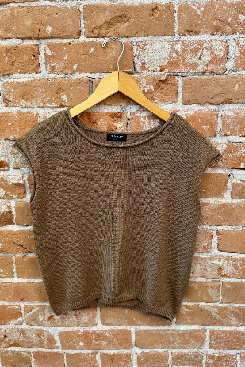 Brown sleeveless sweater vest on a wooden hanger against a brick wall.