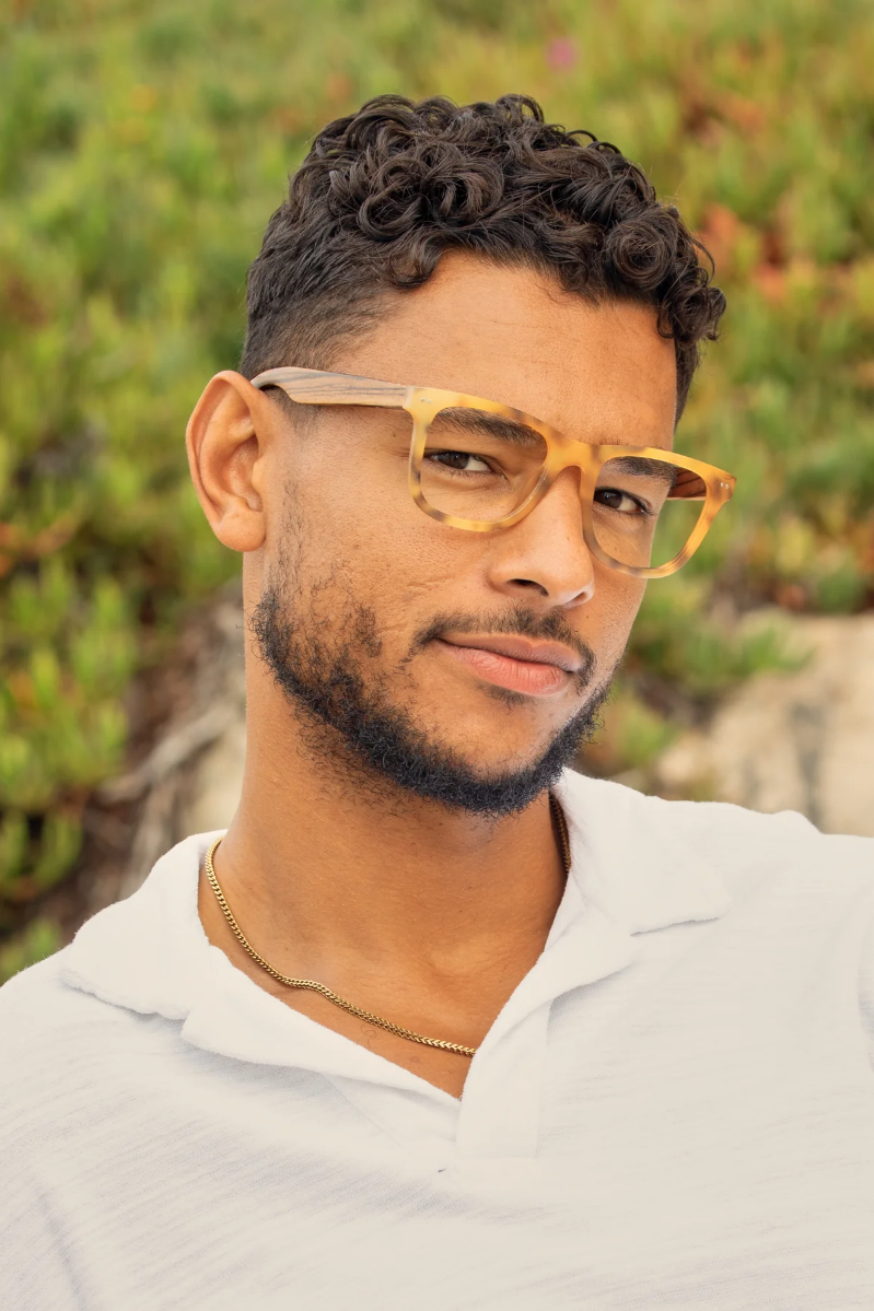 Eco-Sustainable Blue Light Readers | Alden | Matte Gold Tort/Zebra Wood/Blue Light