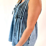 Pleated Sleeveless Denim Romper