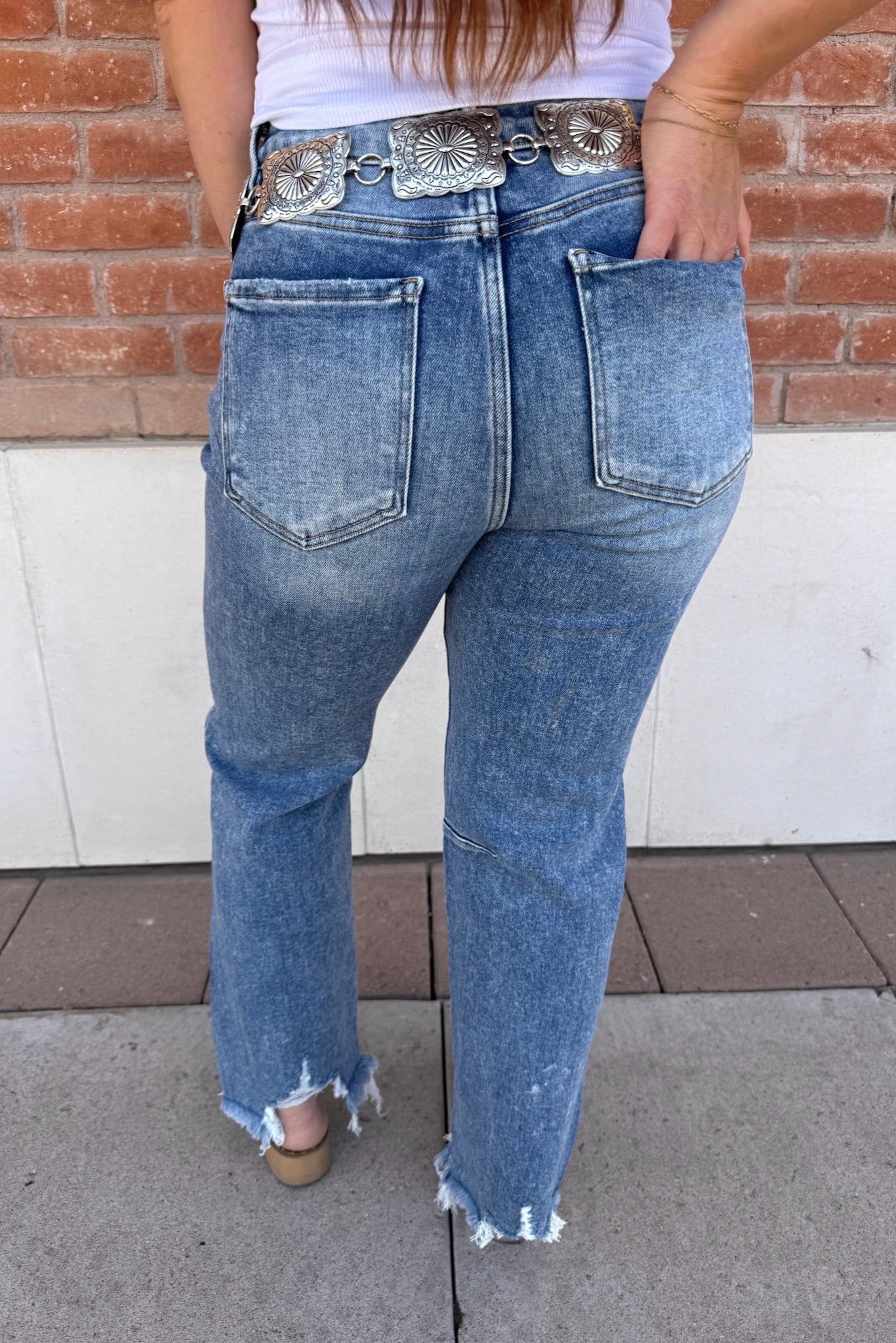 RISEN High Rise Crop Straight Distresses Hem Denim