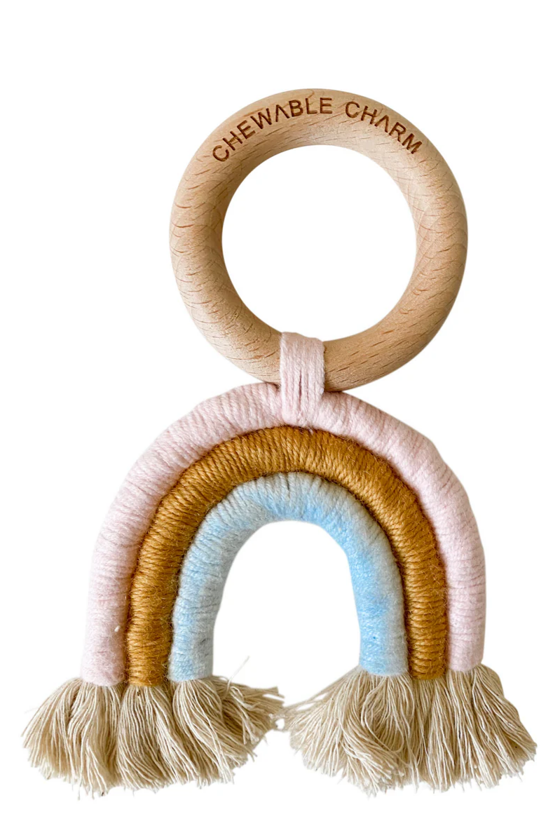 Rainbow Macrame + Wood Teether | Light Pink + Baby Blue