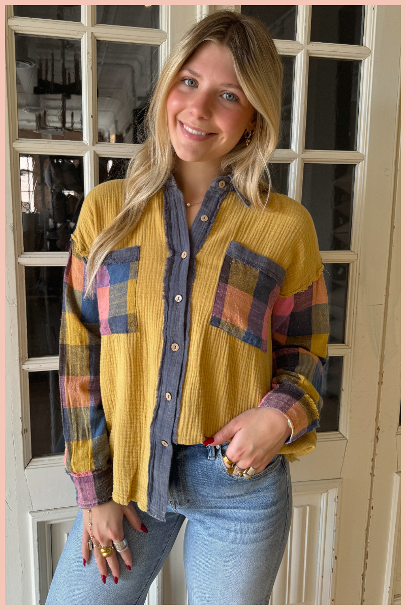 Longsleeve Plaid Mix Gauze Top