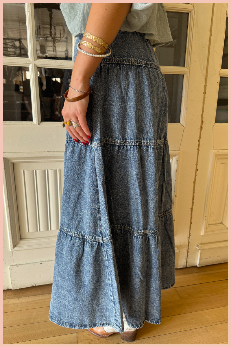 RISEN High Rise Ruffled Denim Skirt