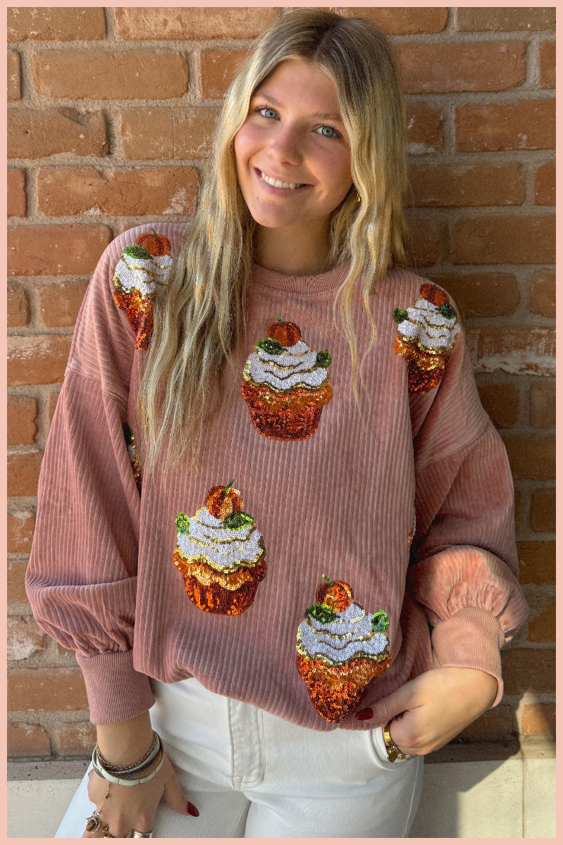 Corded Pumpkin Cupcake Sequin Sweatshirt