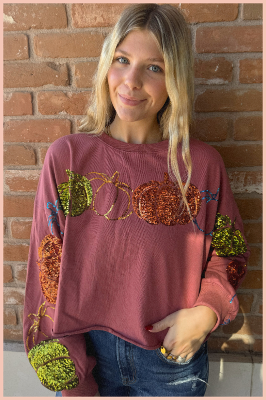 Pumpkin Sequin Cropped Longsleeve Top