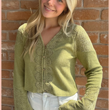 V-Neck Lace Detail Button Down Knit Top