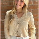V-Neck Lace Detail Button Down Knit Top