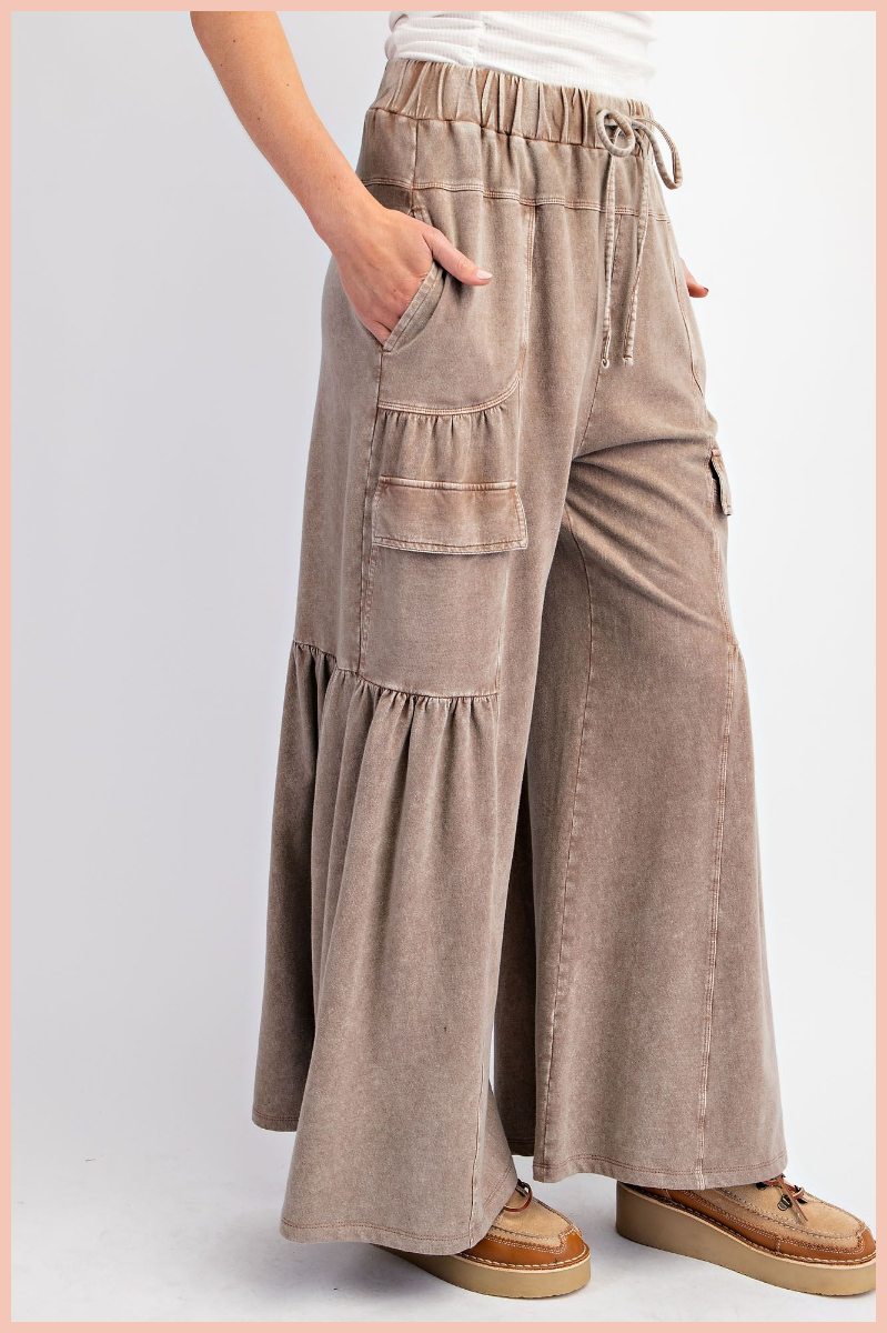 Mineral Washed Cargo Terry Knit Wide Leg Pants | Mocha