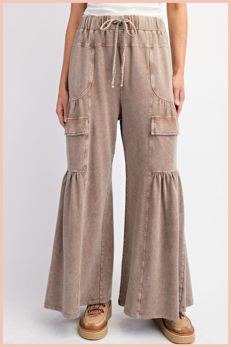 Mineral Washed Cargo Terry Knit Wide Leg Pants | Mocha