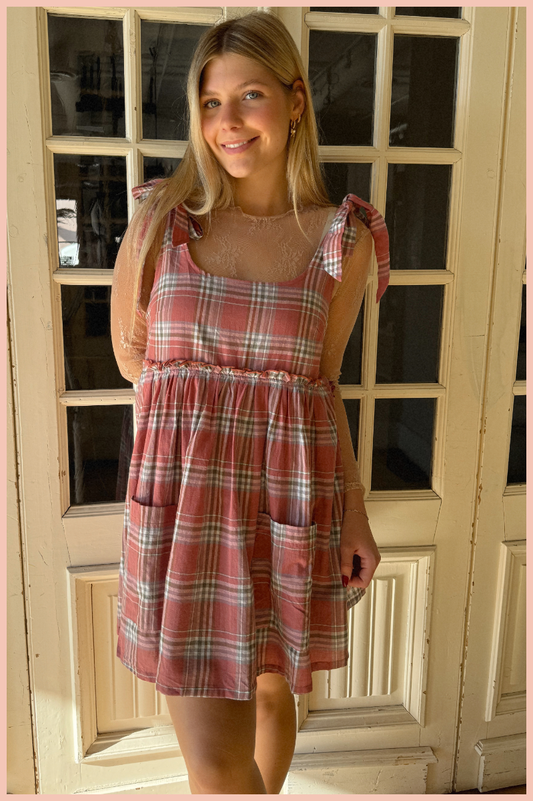 Baby Doll Plaid Shoulder Tied Dress