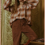 Plaid Collared Peasant Blouse | Brown