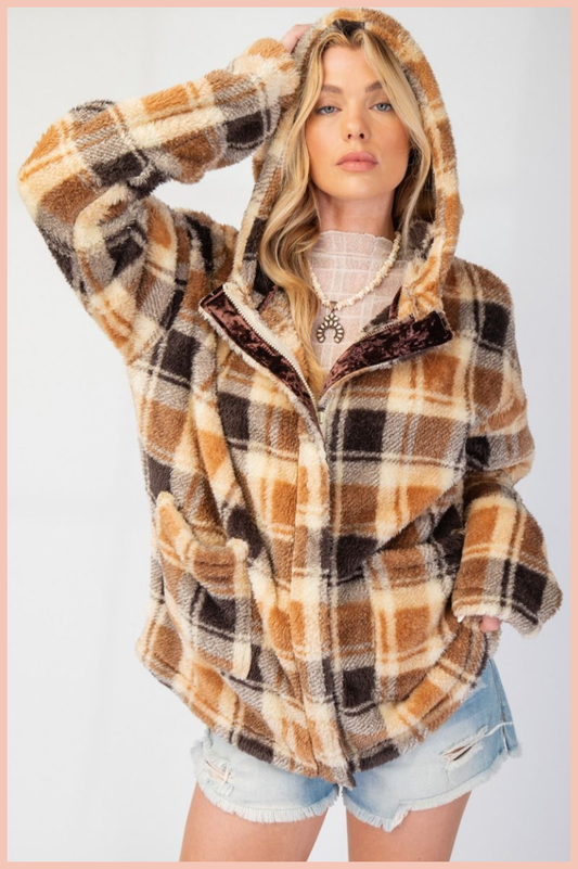 Plaid Fleece Hooded Jacket