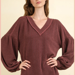 Ribbed V-Neck Knit Top | Wine