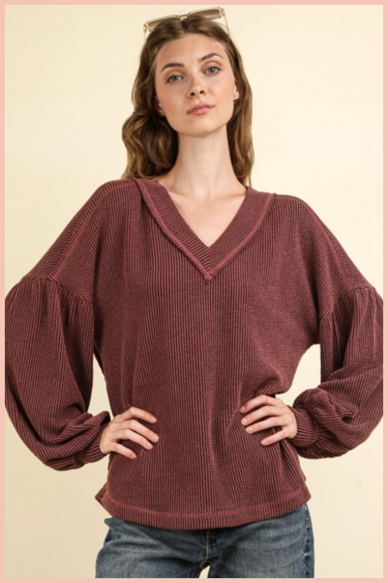 Ribbed V-Neck Knit Top | Wine