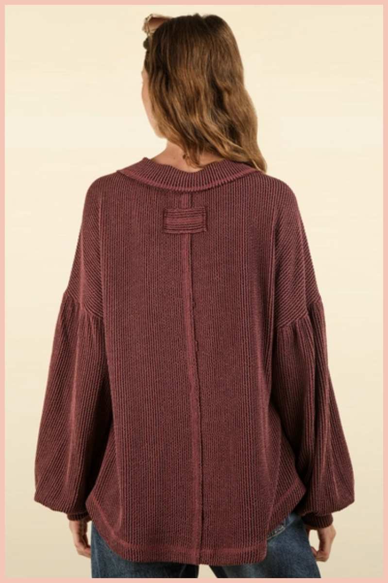 Ribbed V-Neck Knit Top | Wine