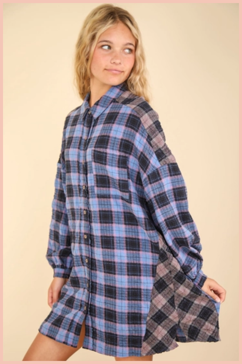 Contrast Plaid Casual Shirt Dress