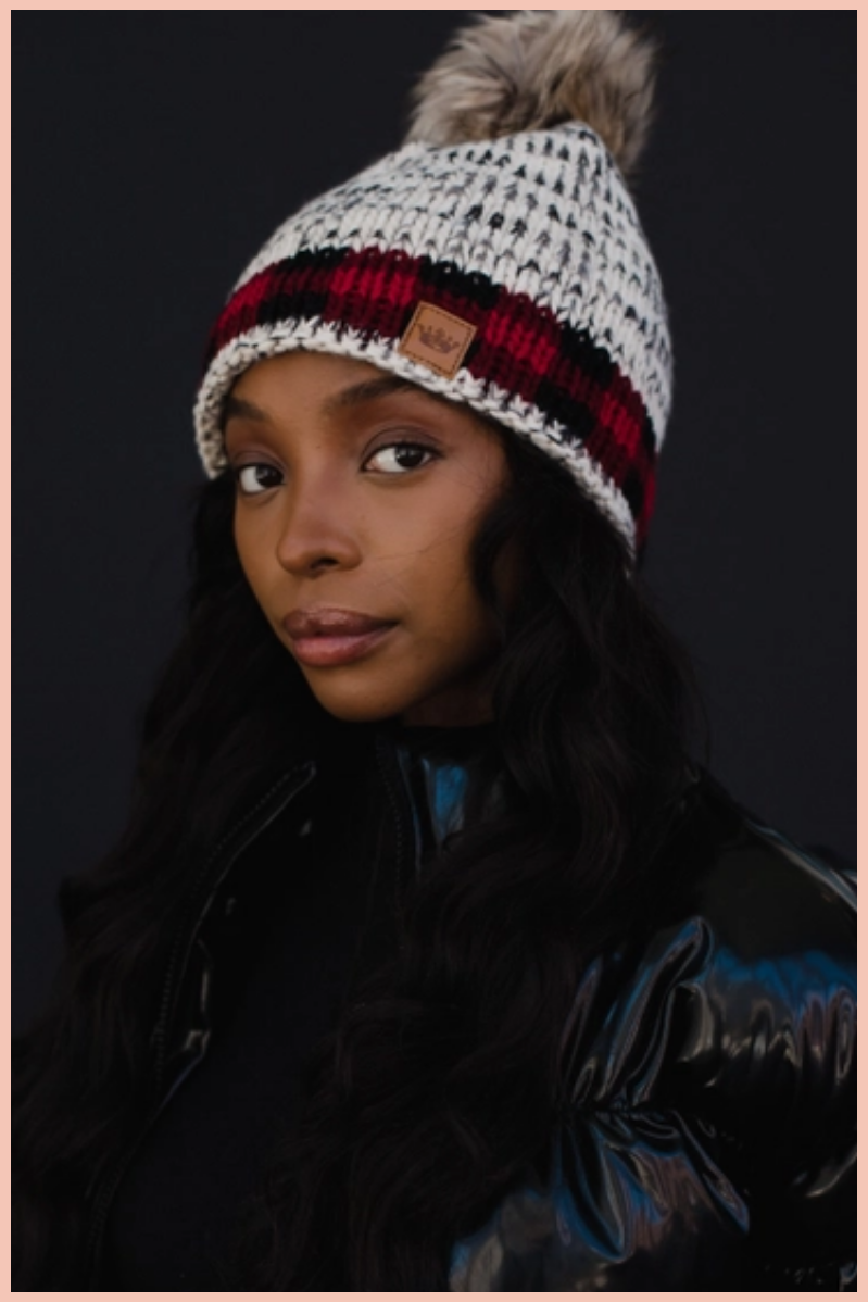 Gray Pom + Buffalo Plaid Trim Beanie