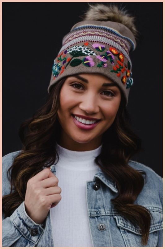 Luxe Tan Floral Pattern Cuff Pom Beanie