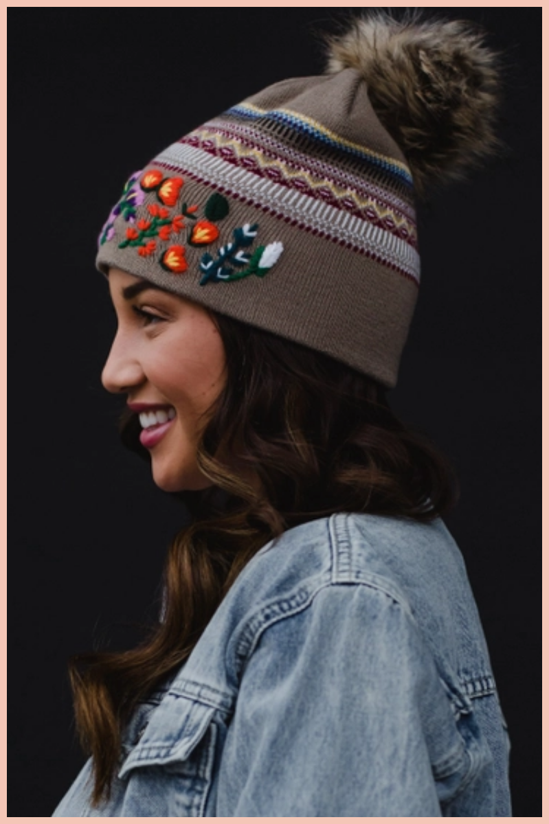 Luxe Tan Floral Pattern Cuff Pom Beanie