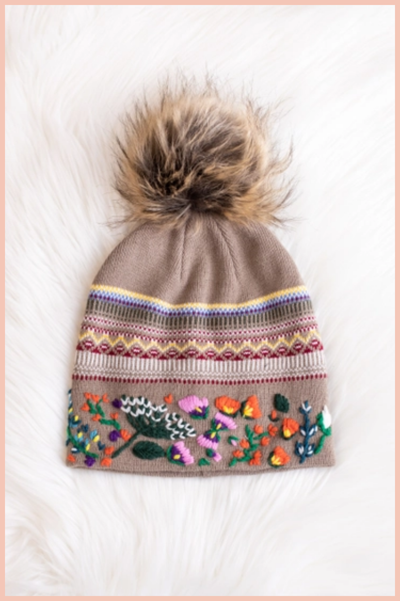 Luxe Tan Floral Pattern Cuff Pom Beanie