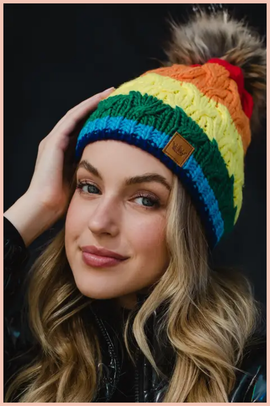 Classic Rainbow Stripe Pom Beanie