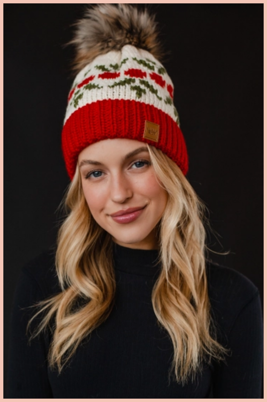 Ivory & Red Cherry Patterned Pom Beanie