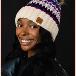 Beige + Purple Patterned Pom Beanie