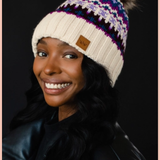 Beige + Purple Patterned Pom Beanie
