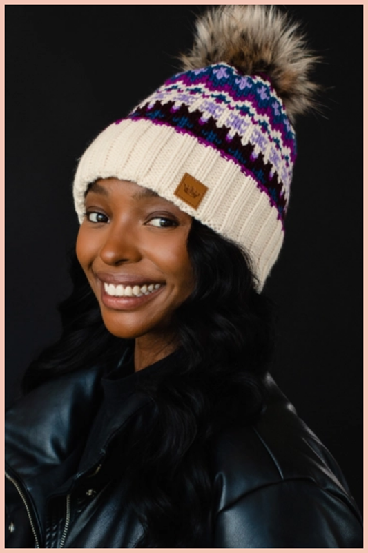 Beige + Purple Patterned Pom Beanie