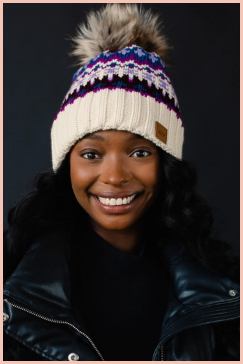 Beige + Purple Patterned Pom Beanie