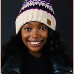 Beige + Purple Patterned Pom Beanie