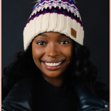 Beige + Purple Patterned Pom Beanie