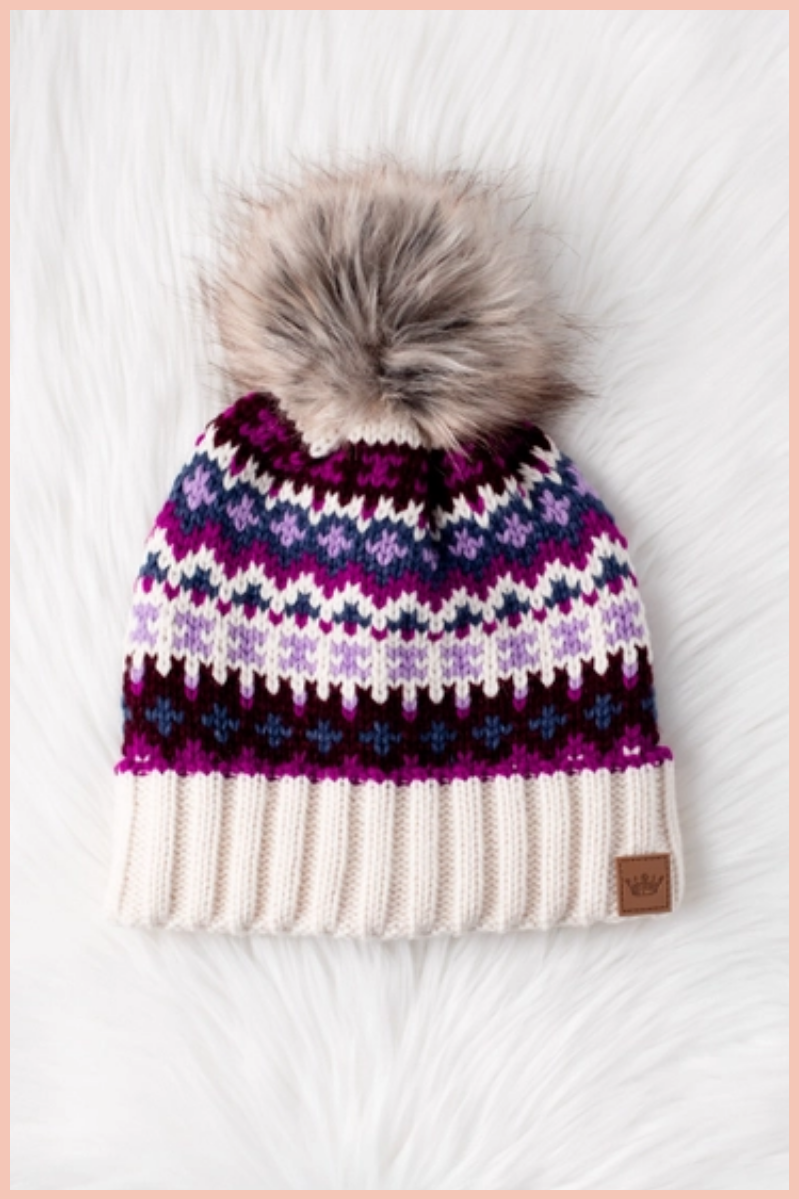 Beige + Purple Patterned Pom Beanie