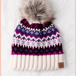 Beige + Purple Patterned Pom Beanie