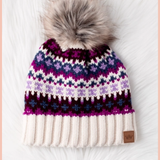 Beige + Purple Patterned Pom Beanie