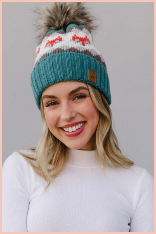 Blue Fox Patterned Pom Beanie