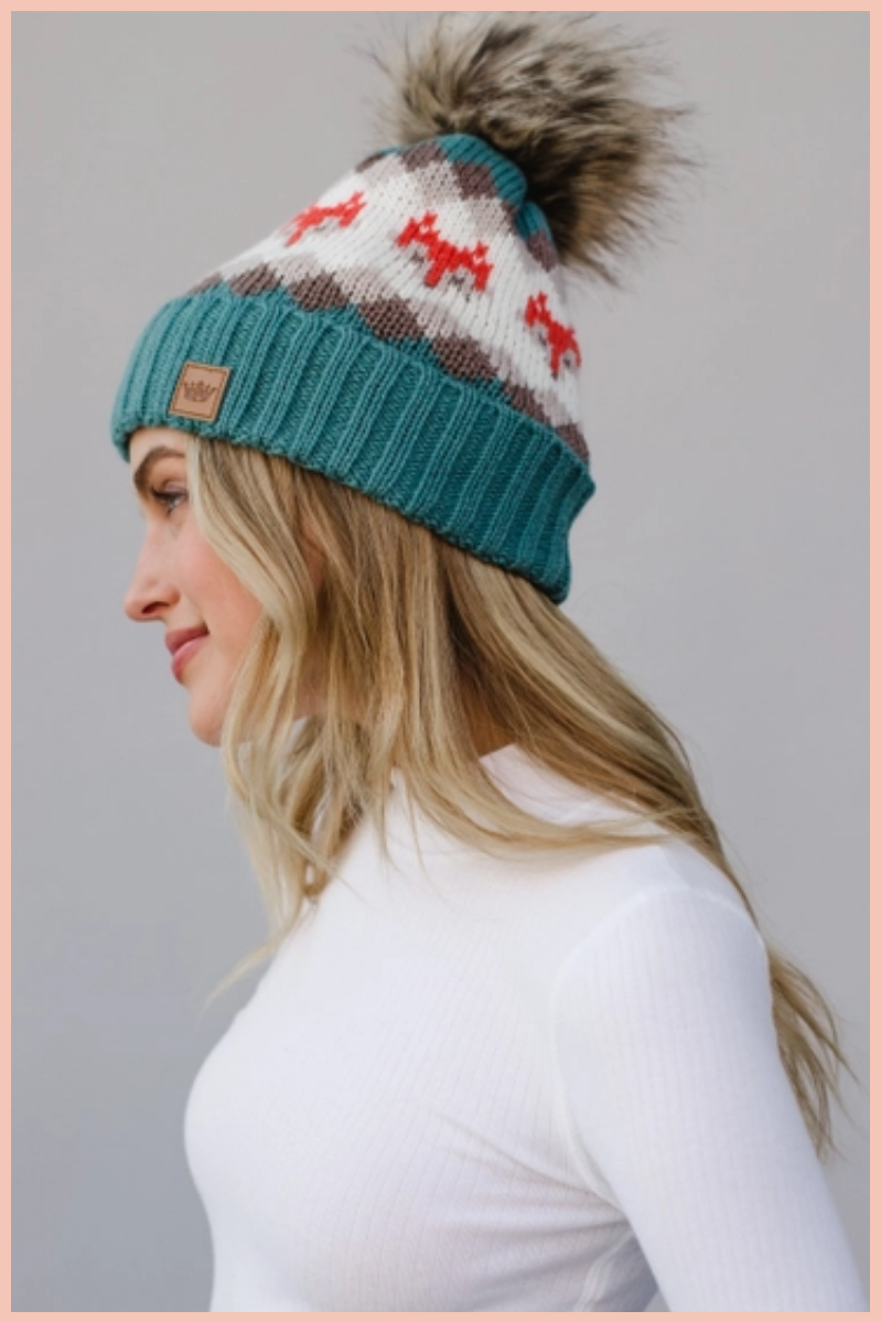 Blue Fox Patterned Pom Beanie