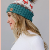 Blue Fox Patterned Pom Beanie