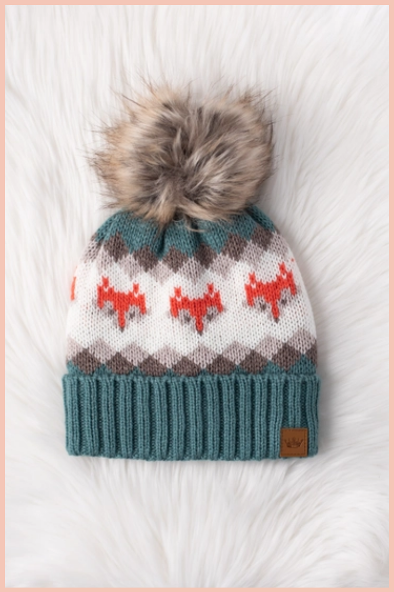 Blue Fox Patterned Pom Beanie