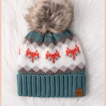 Blue Fox Patterned Pom Beanie