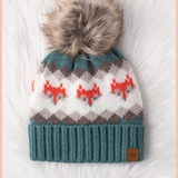 Blue Fox Patterned Pom Beanie