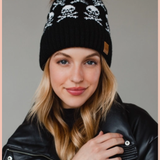 Black Skull Pattern Pom Beanie